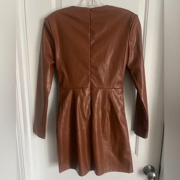 NWT Vestique Tan Faux Leather Wrap Dress | small - Picture 5 of 7